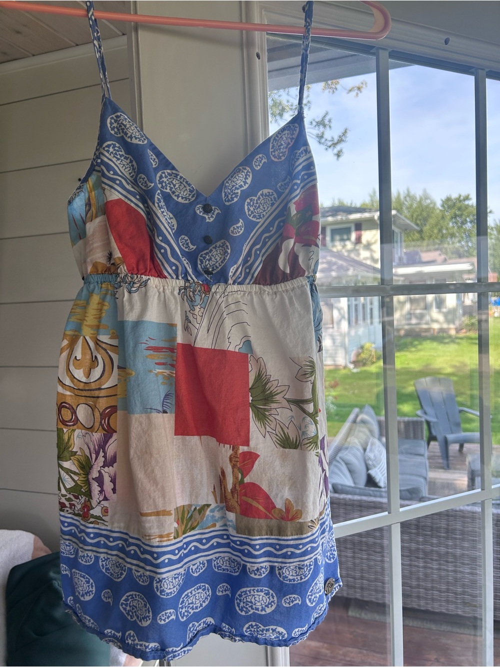 Quicksilver empire waist v-neck fun quilt like pattern with vibrant coloring
